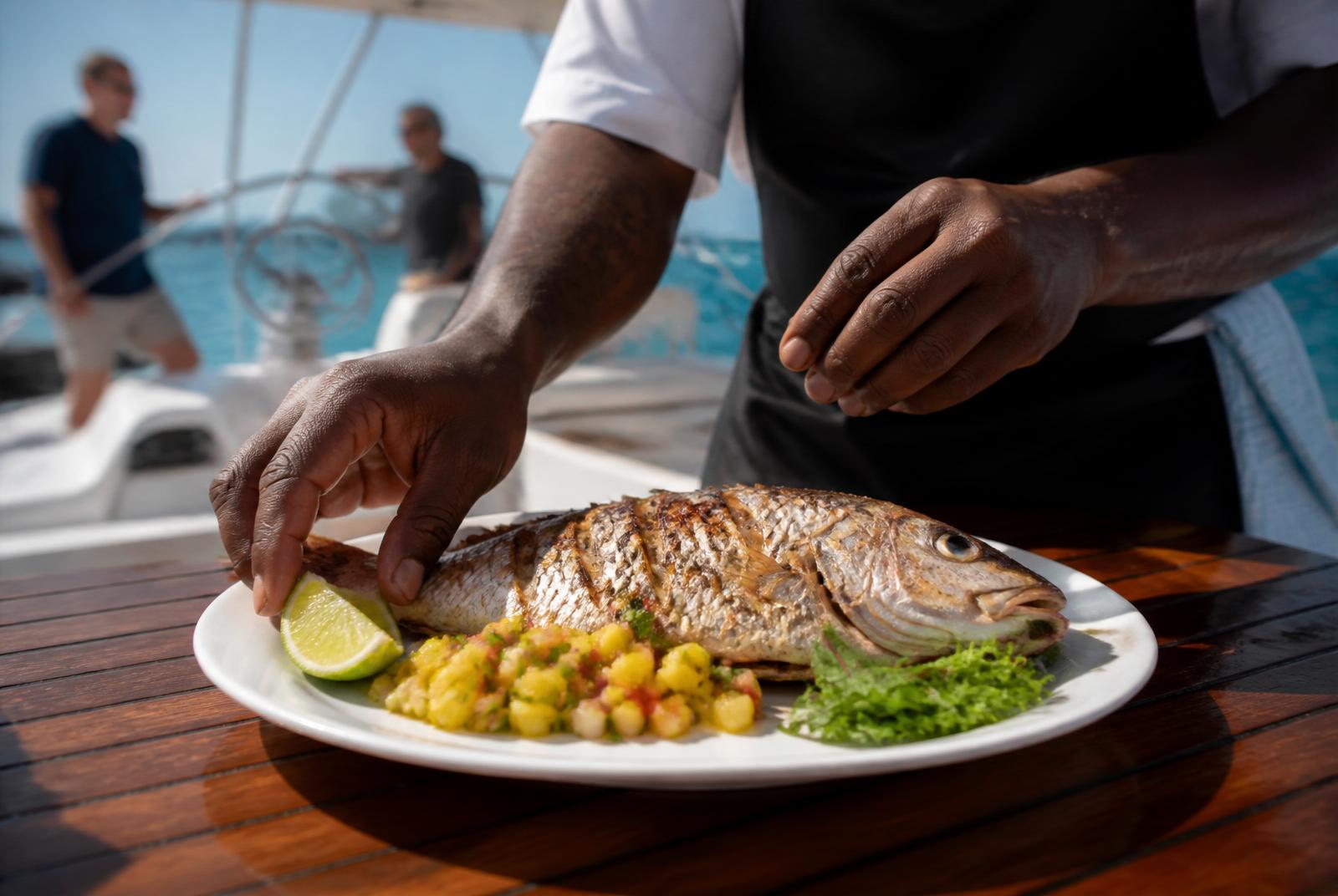 Lunch under way on a crewed Grenadines charter Lunch under way — life aboard a crewed luxury yacht charter in the Grenadines